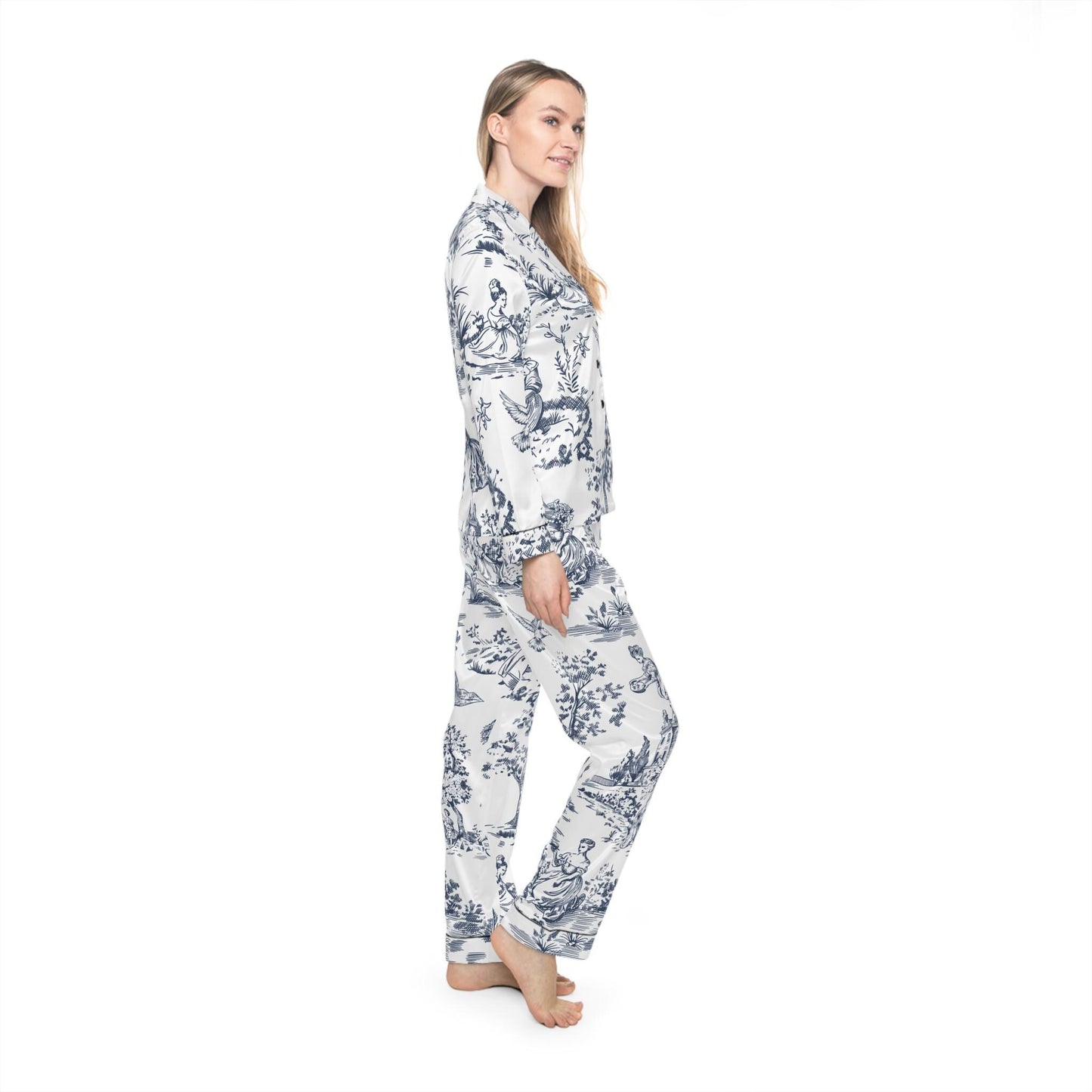 Toile De Jouy Pajamas, French Toile Satin Set, French Garden PJs, Blue Toile Pajama Pants, Bridal Party Gifts, Getting Ready PJs, Bridesmaid