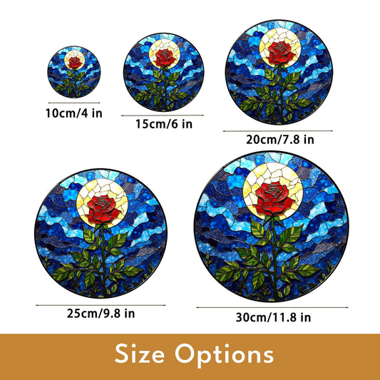 Red Rose with Moonlight Stained Glass Suncatcher Window Decor Gift for Mom