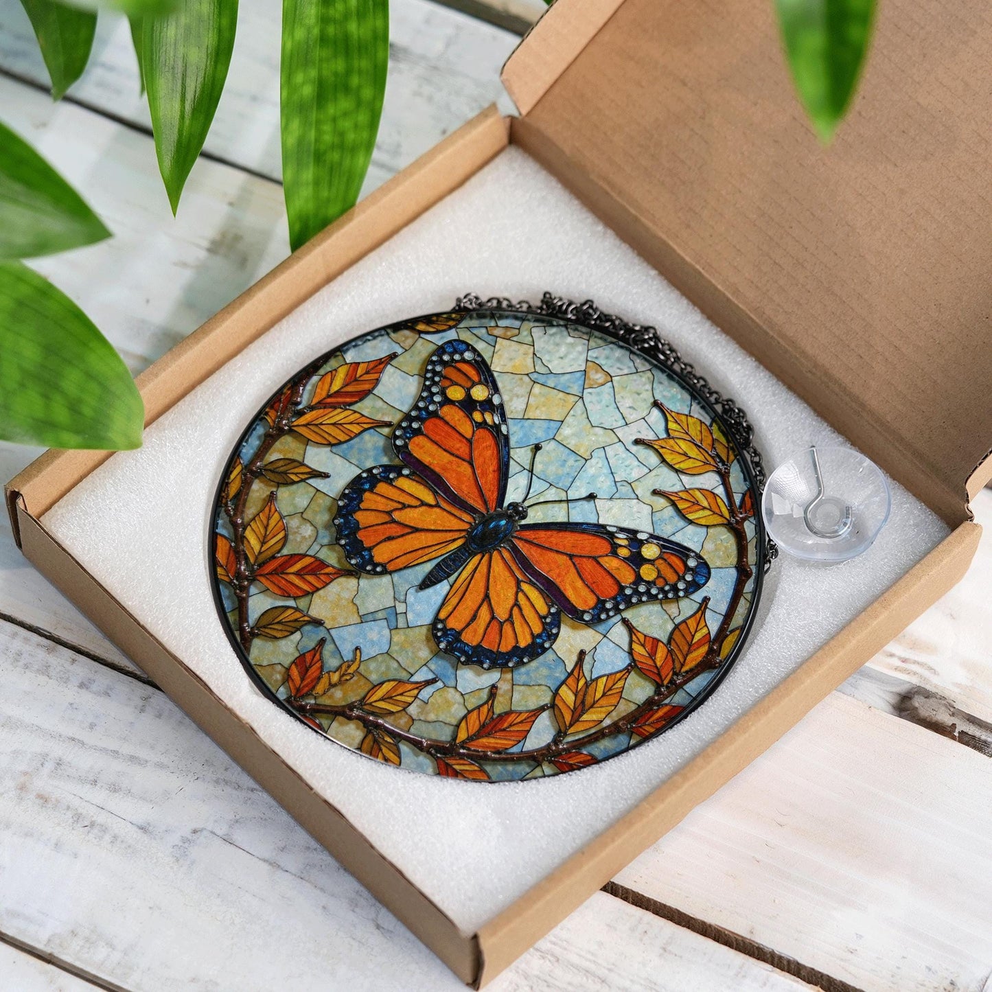 Stained glass monarch butterfly round suncatcher window decor gift for nature lover