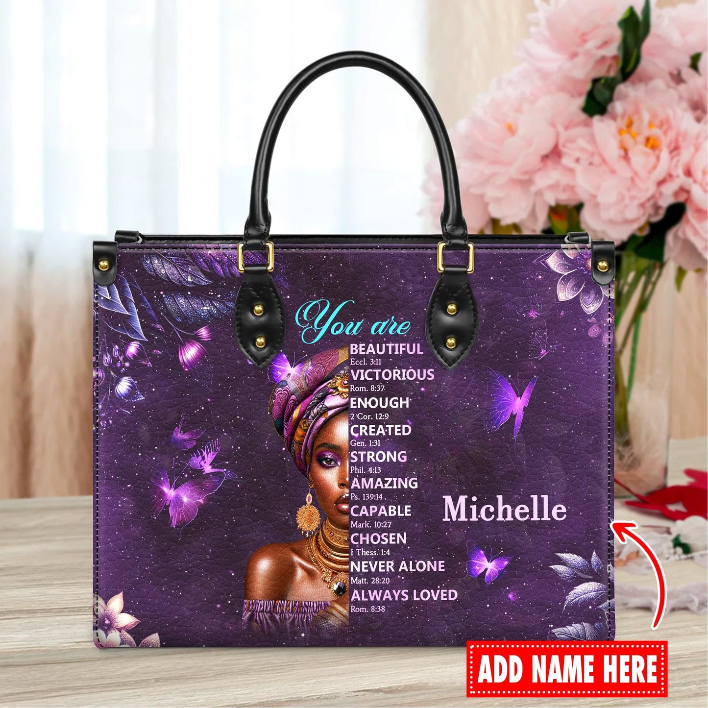 Personalized Leather Handbag Custom Name, Christian Gift, Gifts for Women, You Are Beautiful Victorious Bag, African American Woman Design