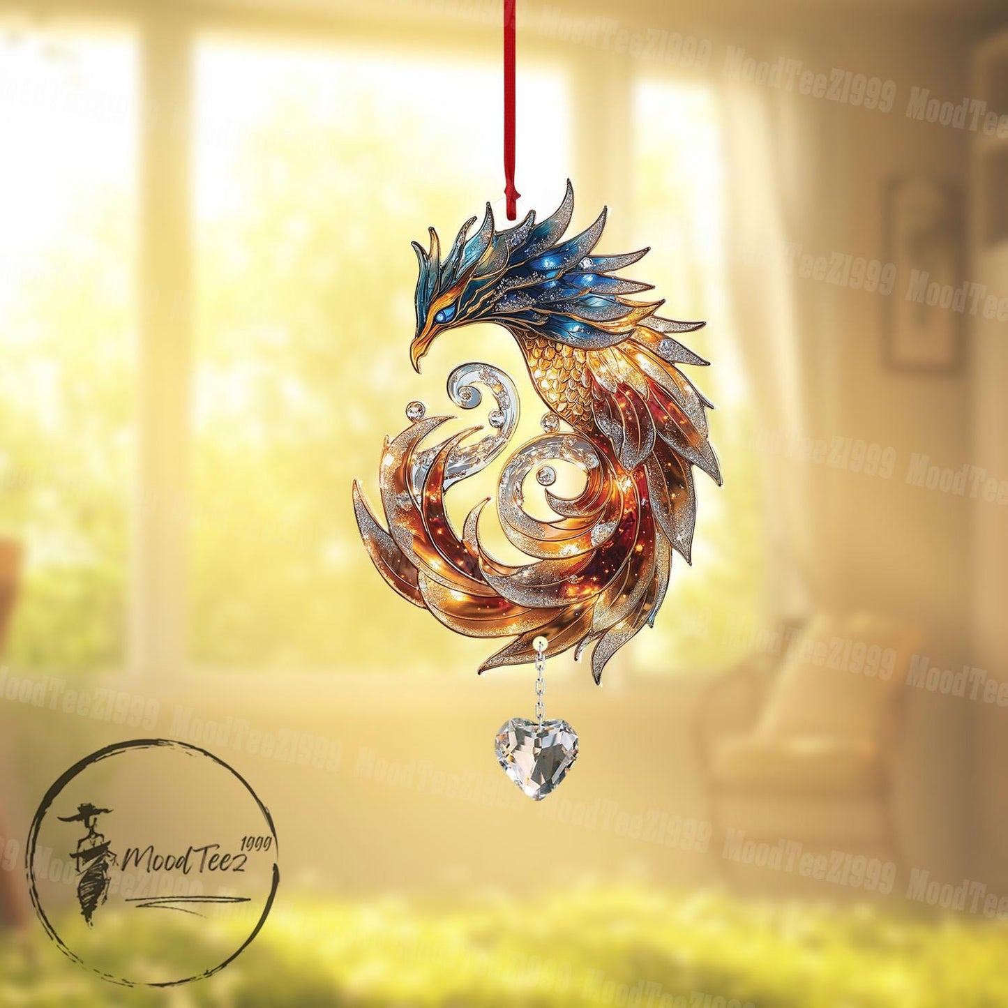 Phoenix with Crystal Window Hanging, Magical Phoenix Decor, Fire & Ice Fantasy Art, Mystical Bird Ornament, Unique Home Accent
