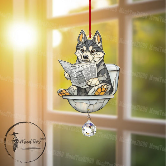 Reading Husky Dog Window Hanging with Crystal, Cute Dog in Toilet, Husky Dog Decor, Whimsical Dog Art for Home, Crystal Window Ornament