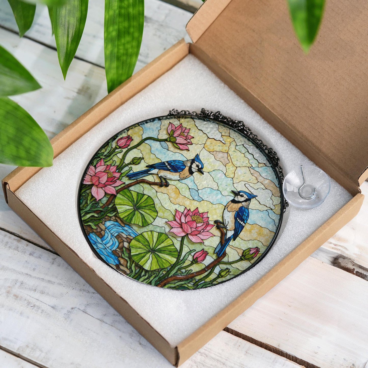 blue jay lotus flower creek stained glass suncatcher bird window decor gift for mom