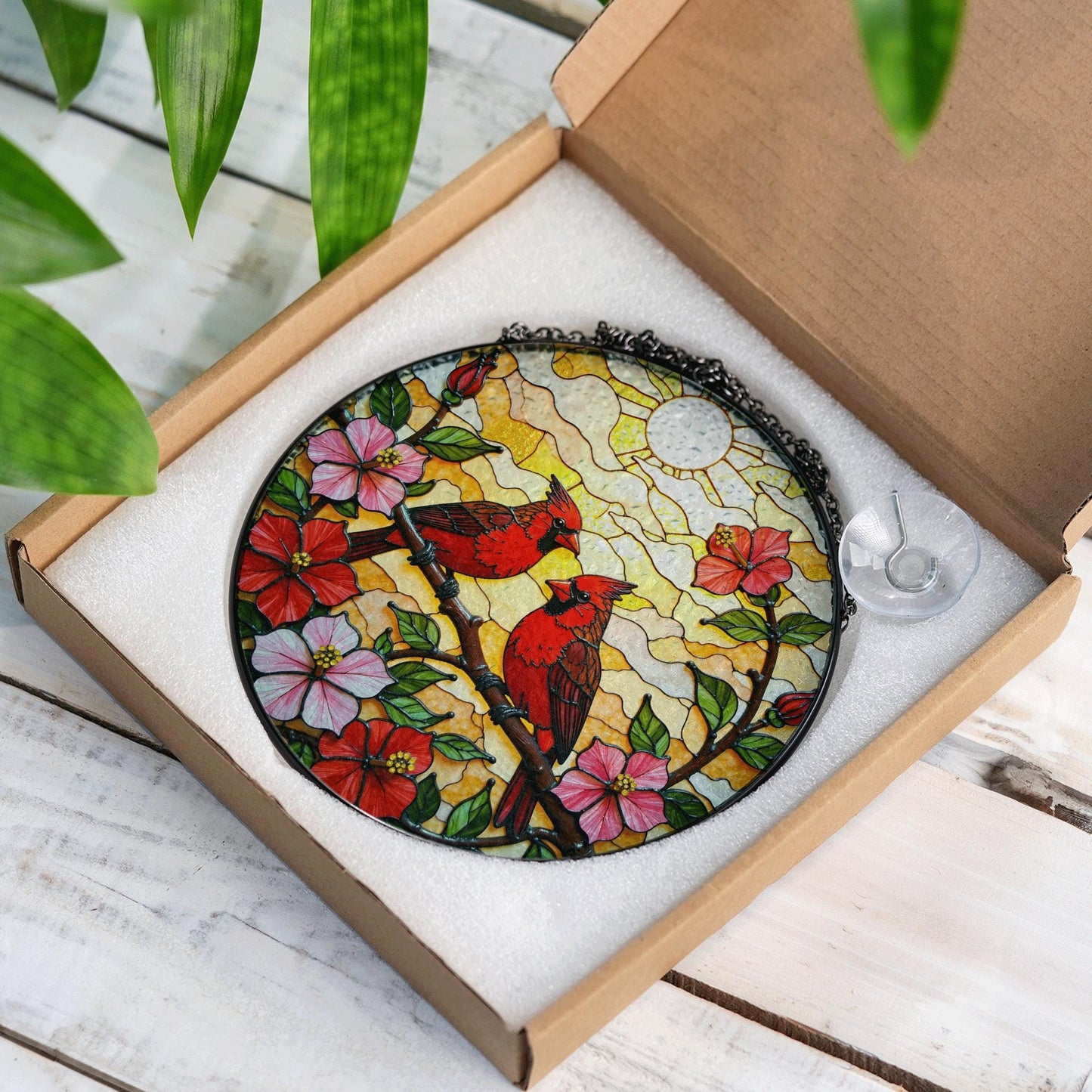 Red Cardinals on Flower Branch Stained Glass Suncatcher Window Art Gift for Mom