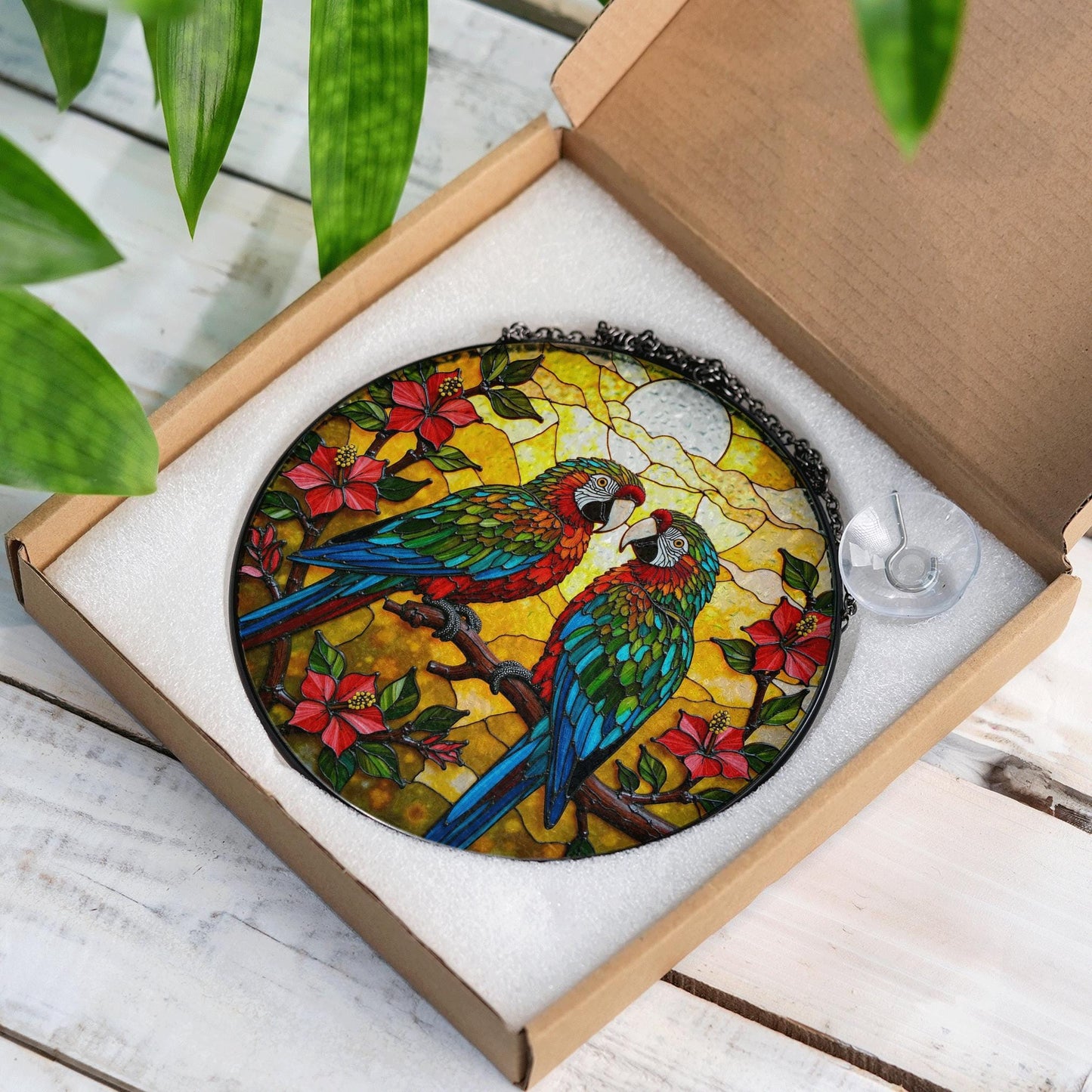 Colorful Parrots Tropical Flowers Stained Glass Window Hanging Round Suncatcher Gift for Bird Lovers