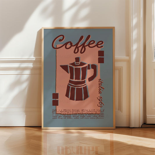 Coffee Poster, Kitchen Art, Kitchen Poster, Kitchen Print, Moka Pot, Modern Kitchen Decor, Retro Poster, Exhibition Poster, Blue Wall Art