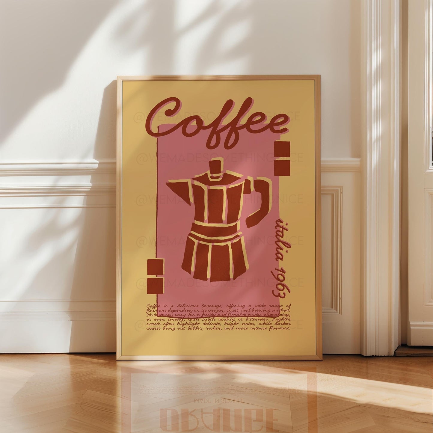Coffee Poster, Kitchen Art, Kitchen Poster, Kitchen Print, Moka Pot, Modern Kitchen Decor, Retro Poster, Exhibition Poster, Pink Wall Art
