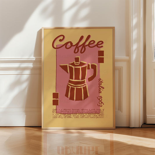 Coffee Poster, Kitchen Art, Kitchen Poster, Kitchen Print, Moka Pot, Modern Kitchen Decor, Retro Poster, Exhibition Poster, Pink Wall Art