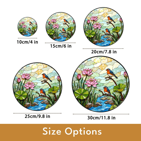 kingfisher lotus pond stained glass suncatcher nature window decor gift for bird lovers