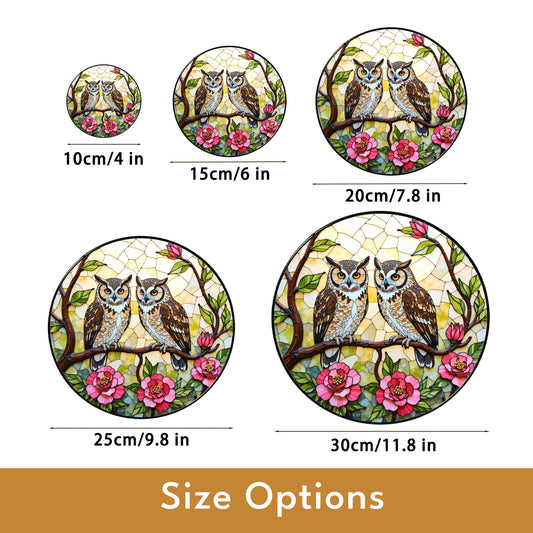 Two Owls on Flowering Branch Stained Glass Style Round Suncatcher Gift for Bird Lovers