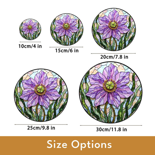 Purple floral glass panel round suncatcher for window light gift for garden lover mom friend