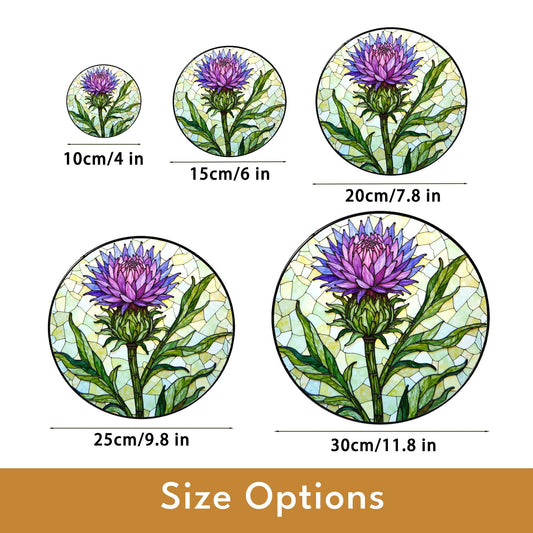 Purple thistle flower stained glass window hanging suncatcher gift for botanical art lovers