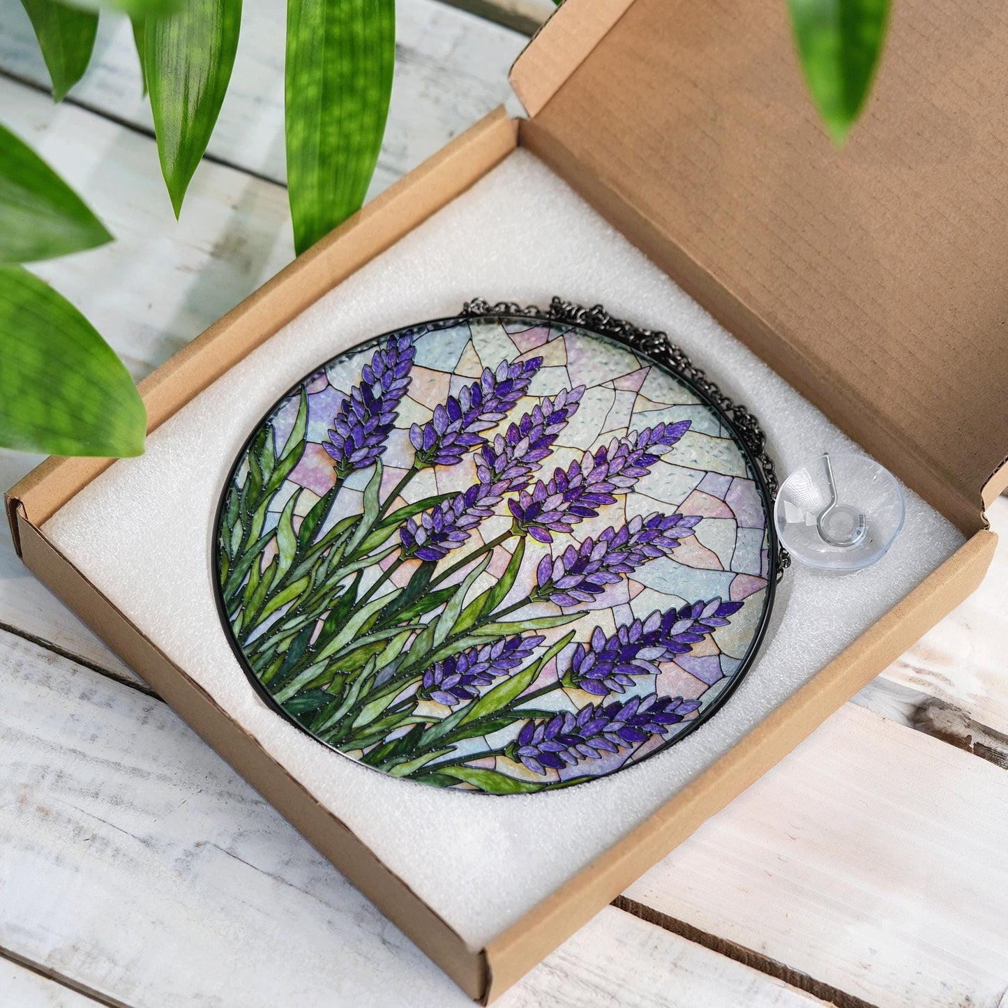 Lavender field bloom round stained glass suncatcher floral window decor gift for garden lover
