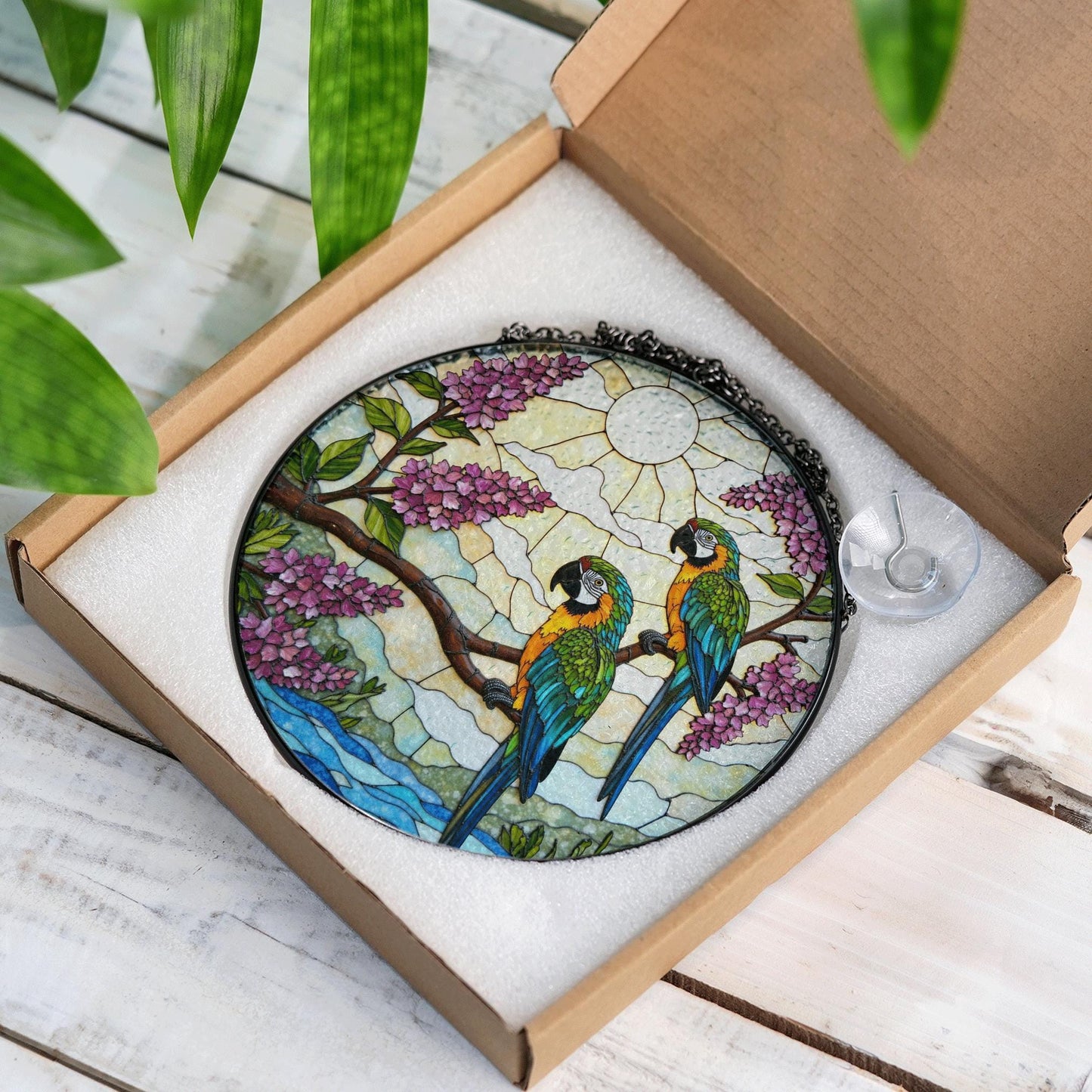 Blue Yellow Parrots Tropical Bird Stained Glass Window Hanging Gift for Bird Lovers