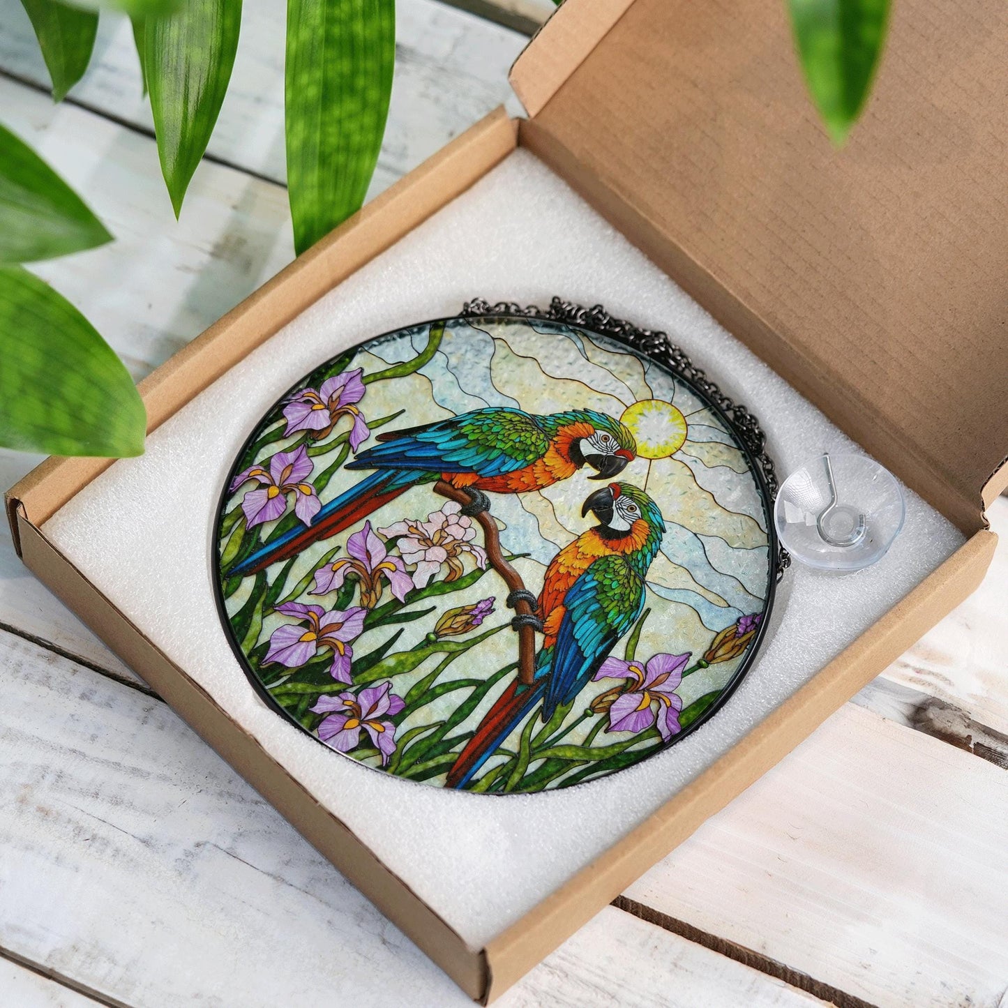 Colorful Parrots Stained Glass Round Window Hanging Macaw Suncatcher Gift for Bird Lover