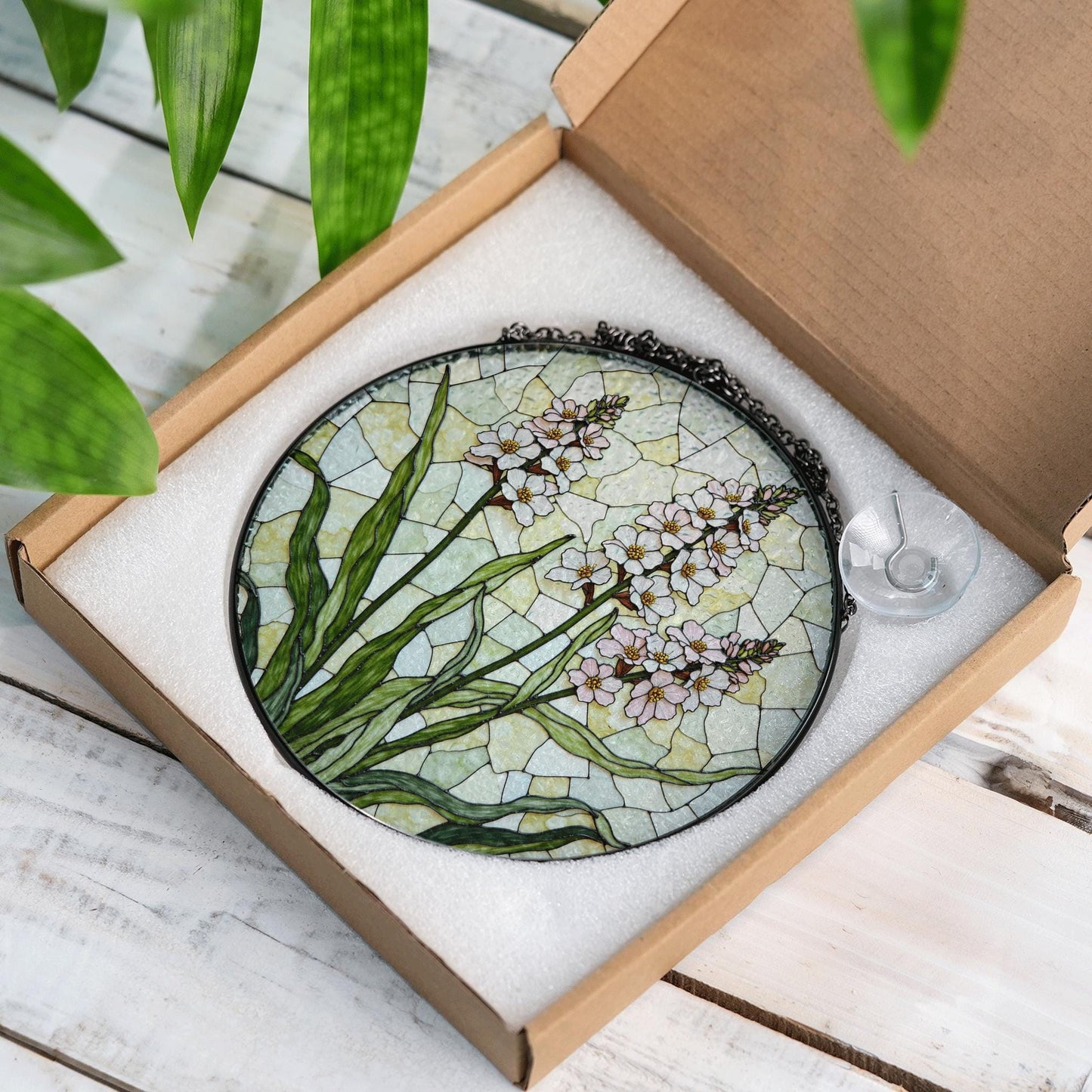 Wildflower stained glass garden art suncatcher round floral panel gift for plant lover