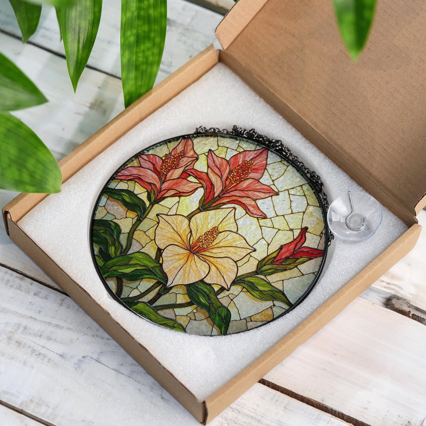 Red lilies and yellow hibiscus floral round stained glass suncatcher gift for garden lovers