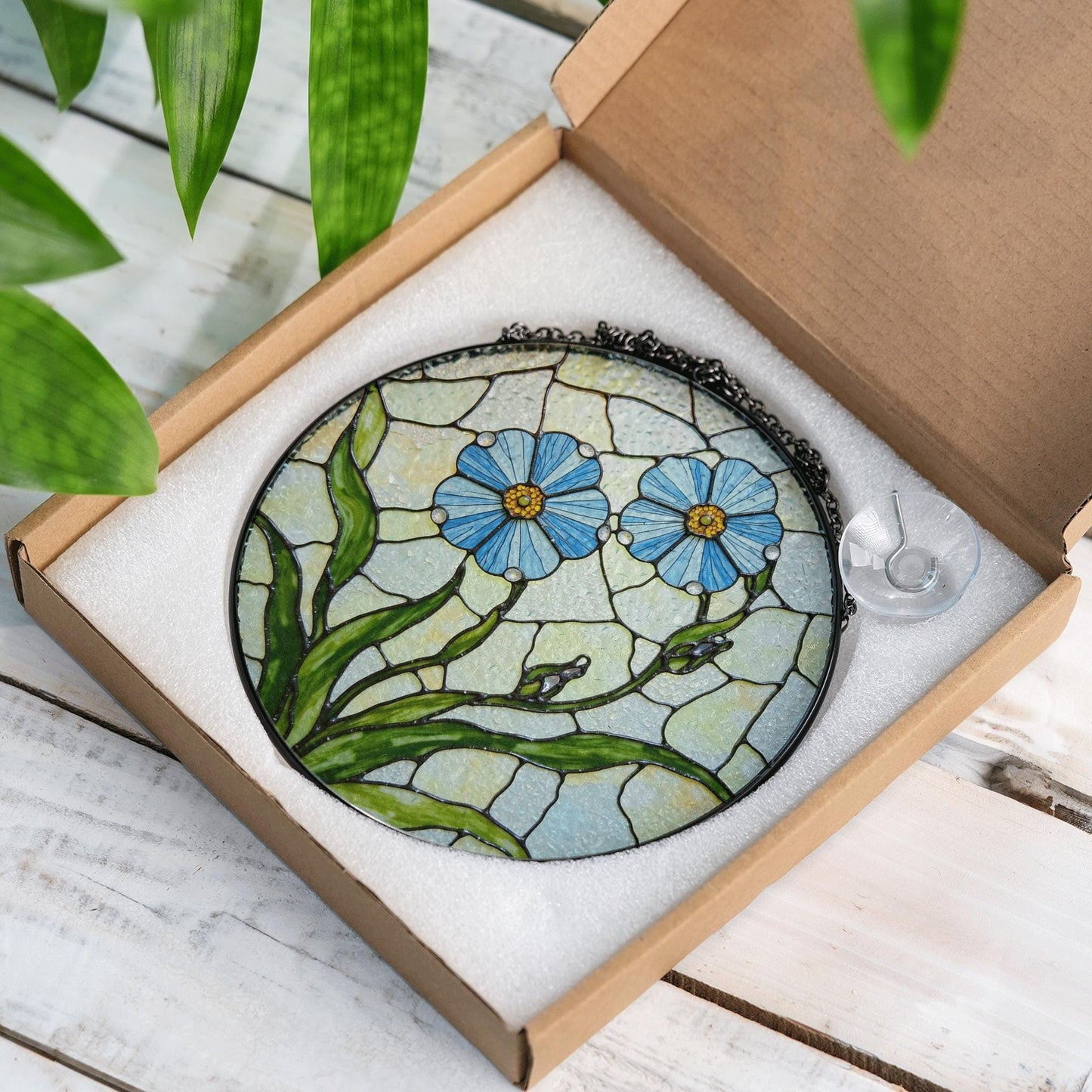 Blue Flower Stained Glass Round Panel Spring Garden Suncatcher Gift for Mom