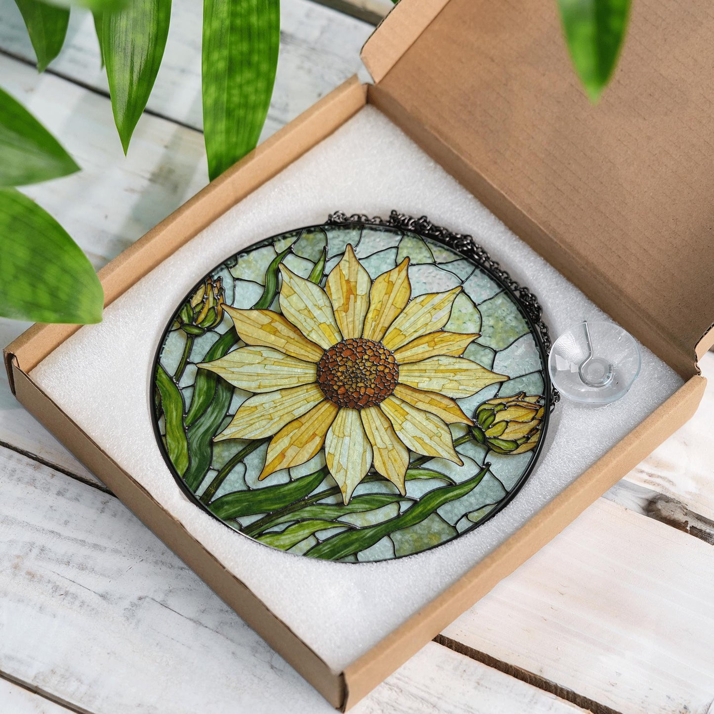 Yellow sunflower stained glass suncatcher with buds hanging window decor gift for garden lovers