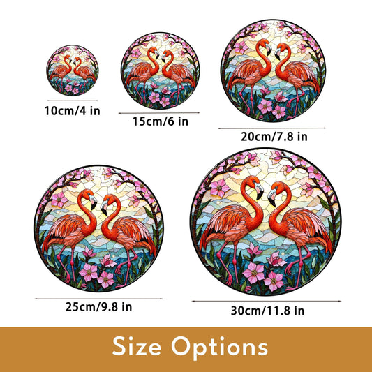 Two flamingos among pink flowers round stained glass suncatcher window decor for her