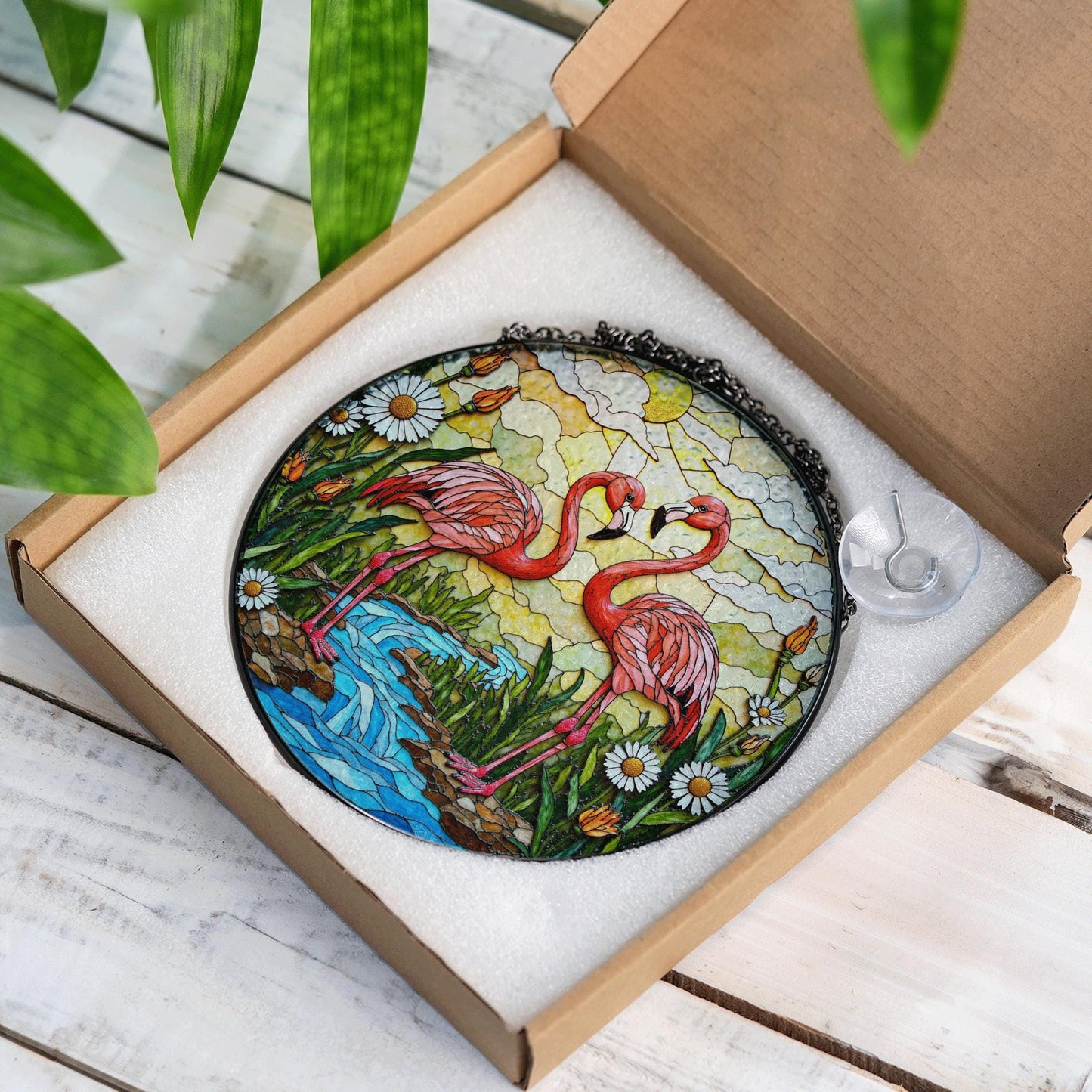 Two flamingos with tropical flowers stained glass suncatcher gift for bird lover
