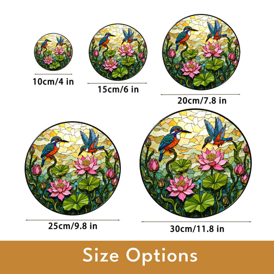 kingfishers and lotus floral stained glass suncatcher gift for bird lovers