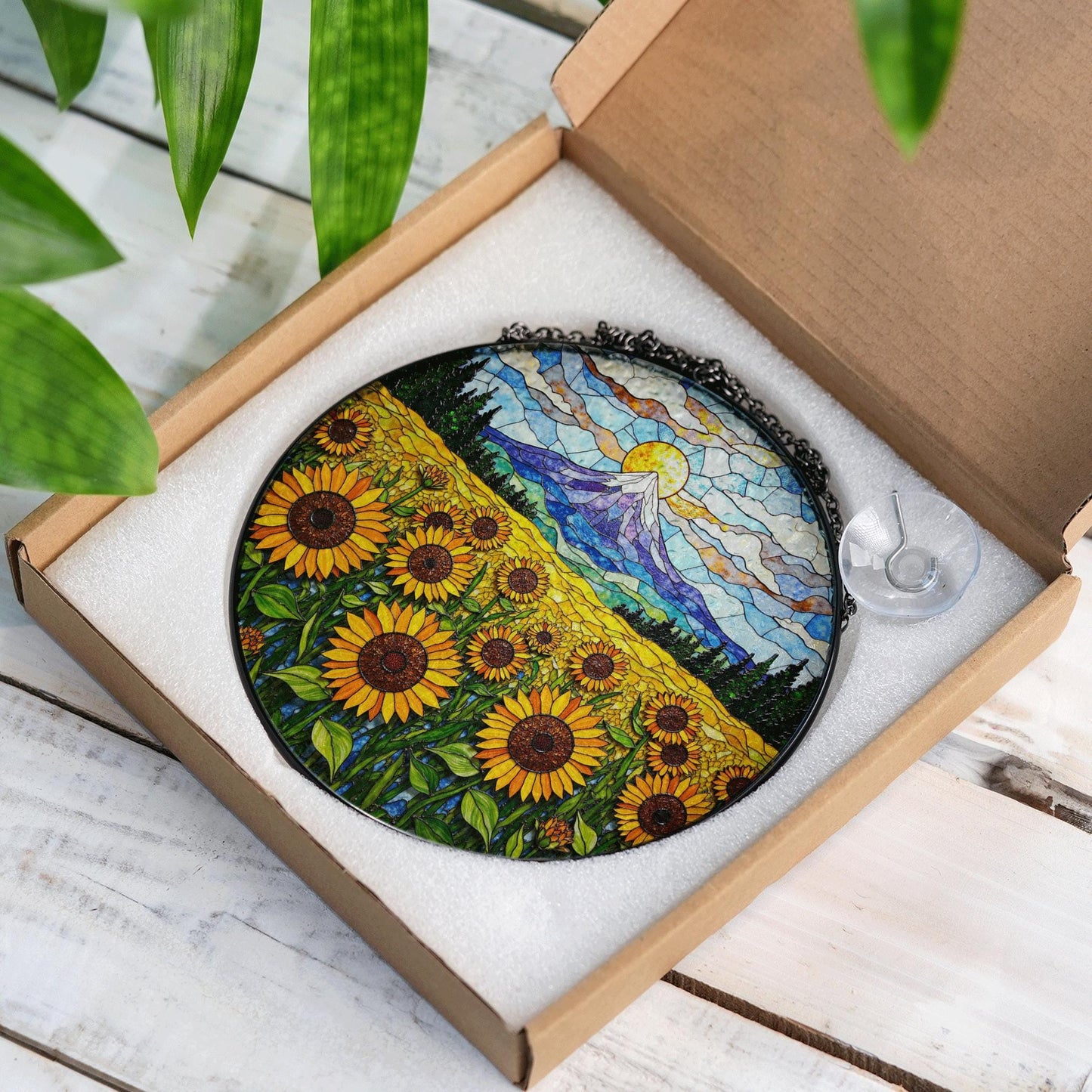 Sunflower Field Mountain Landscape Suncatcher Handmade Glass Window Decor Gift for Mom