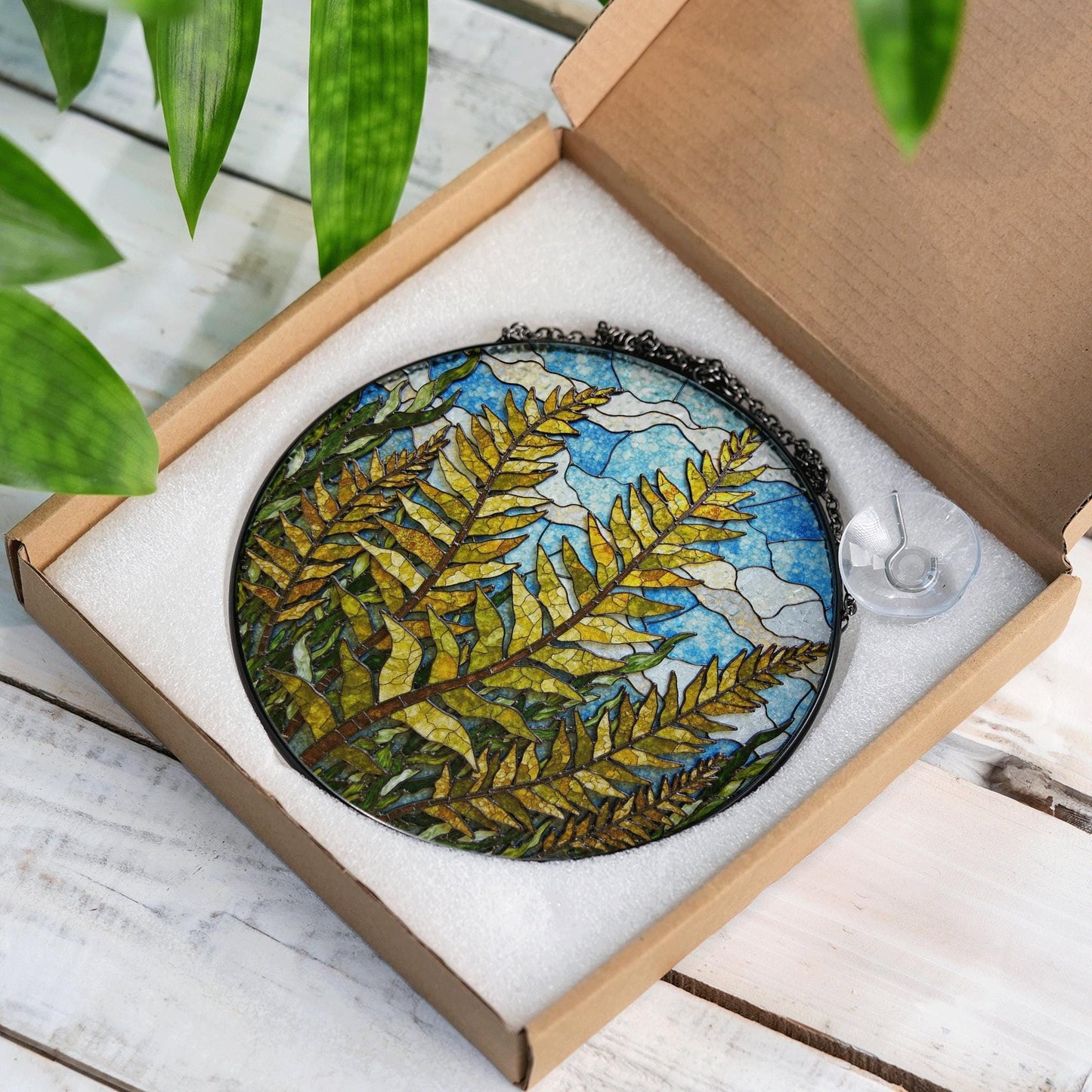 Forest Fern Leaves Stained Glass Suncatcher Round Window Hanging Nature Inspired Gift for Plant Lover