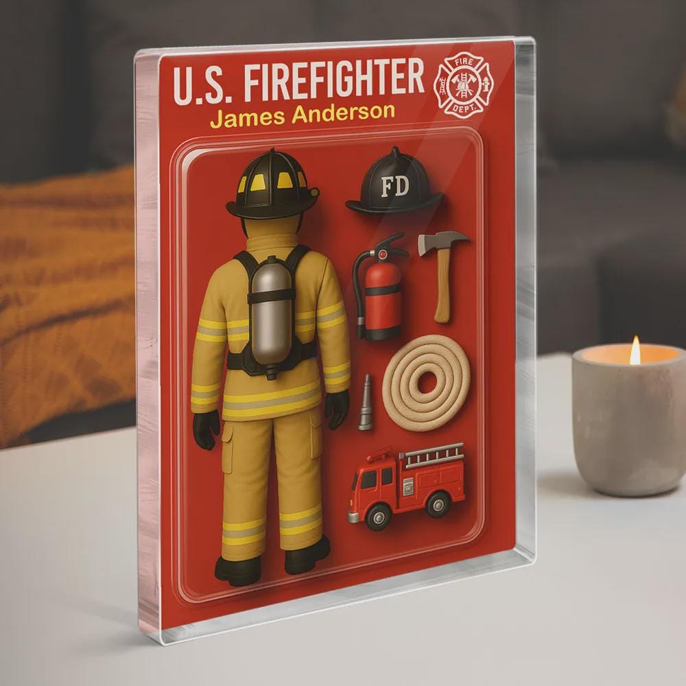 Firefighter 3D Custom Figure, Personalized Flat Rectangle Acrylic Block, Firefighter Gift, Keepsake for Fireman, Custom Firefighter Decor