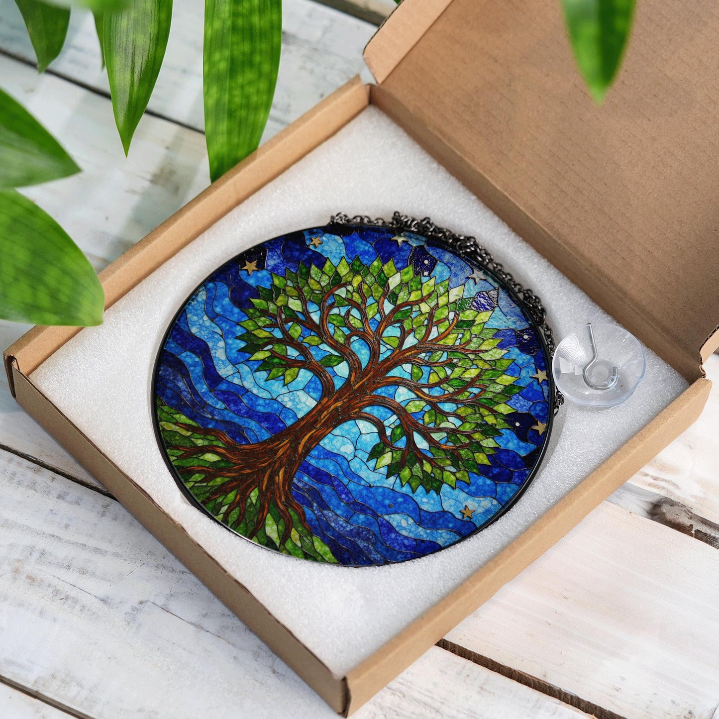 Tree of Life stained glass round suncatcher window hanging gift for nature lovers and spiritual souls