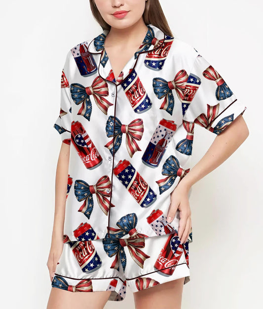 Coquette 4th of July Pajamas Satin Set, Diet Drink 4th of July Shirt Party, Birthday Gift, Pjs For Women, Bridesmaid Gifts, Independence Day