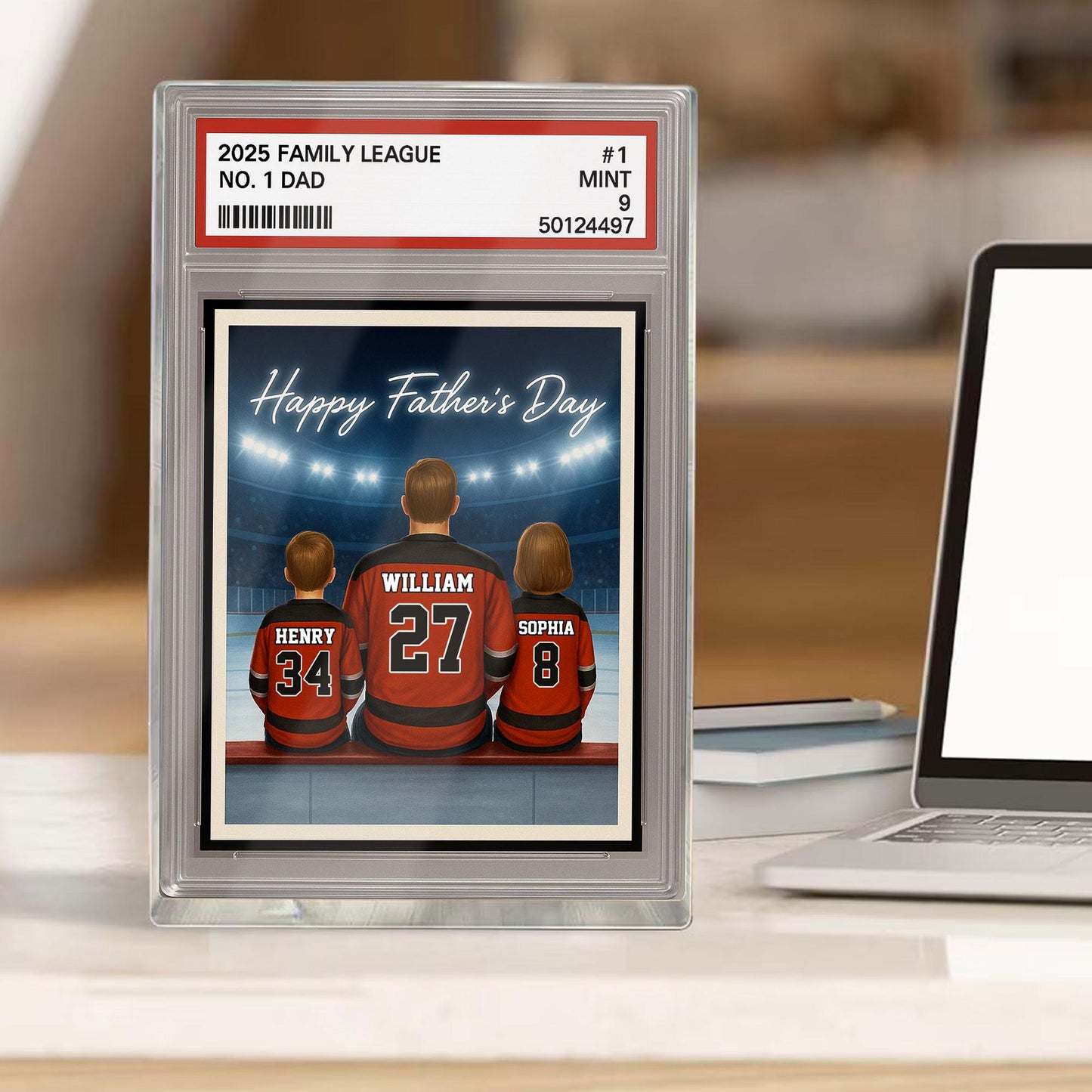 Hockey Daddy's Dream Team, Custom No.1 Dad Man & Kids Trading Card Style Plaque, Personalized Player Dad Acrylic Block, Father's Day Gift