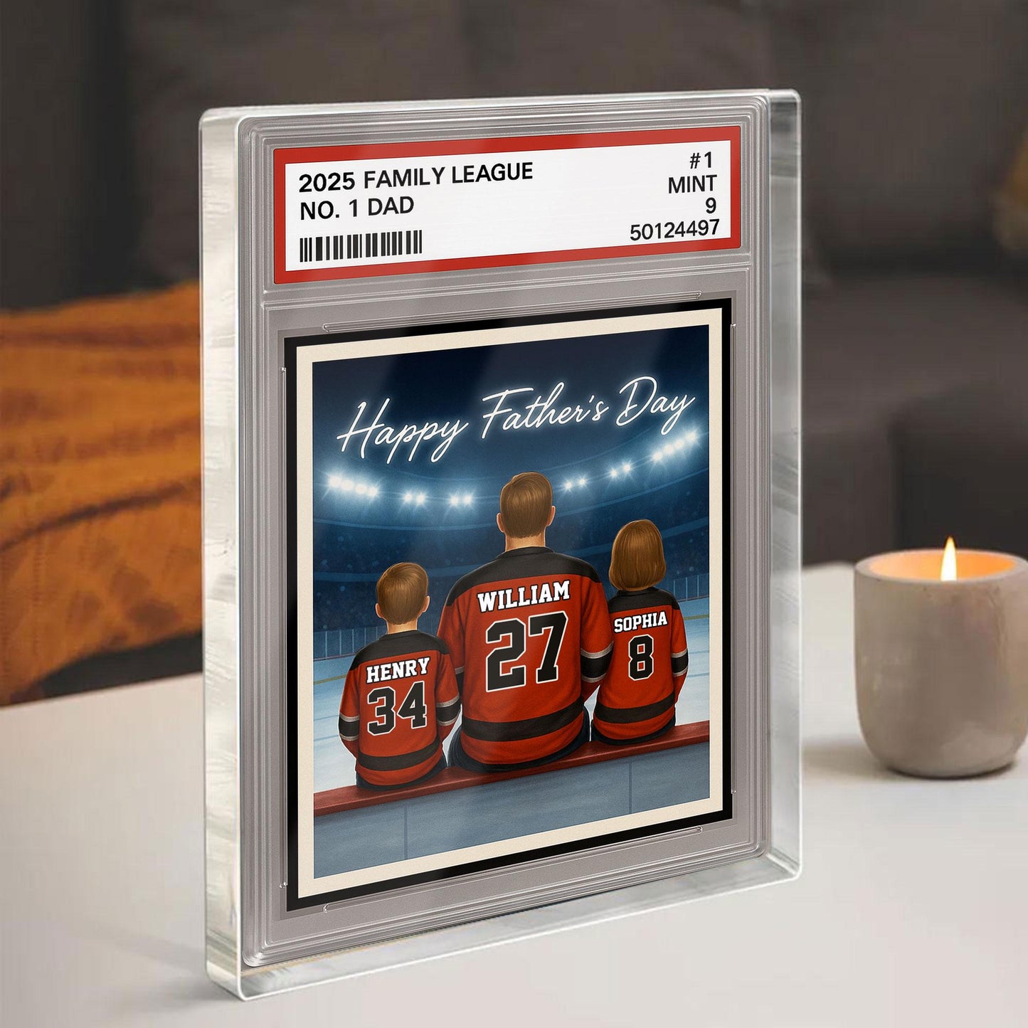 Hockey Daddy's Dream Team, Custom No.1 Dad Man & Kids Trading Card Style Plaque, Personalized Player Dad Acrylic Block, Father's Day Gift