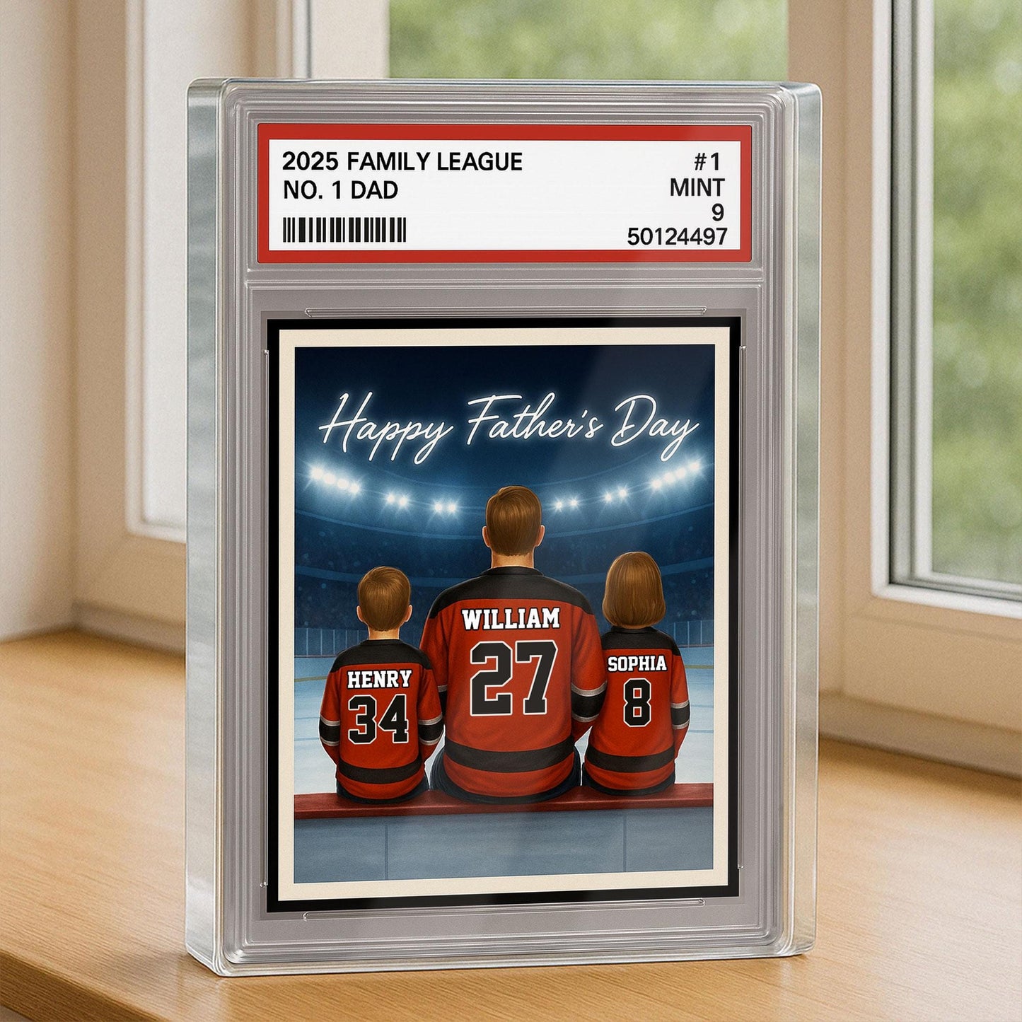 Hockey Daddy's Dream Team, Custom No.1 Dad Man & Kids Trading Card Style Plaque, Personalized Player Dad Acrylic Block, Father's Day Gift