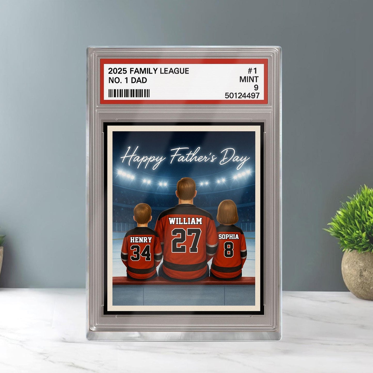 Hockey Daddy's Dream Team, Custom No.1 Dad Man & Kids Trading Card Style Plaque, Personalized Player Dad Acrylic Block, Father's Day Gift