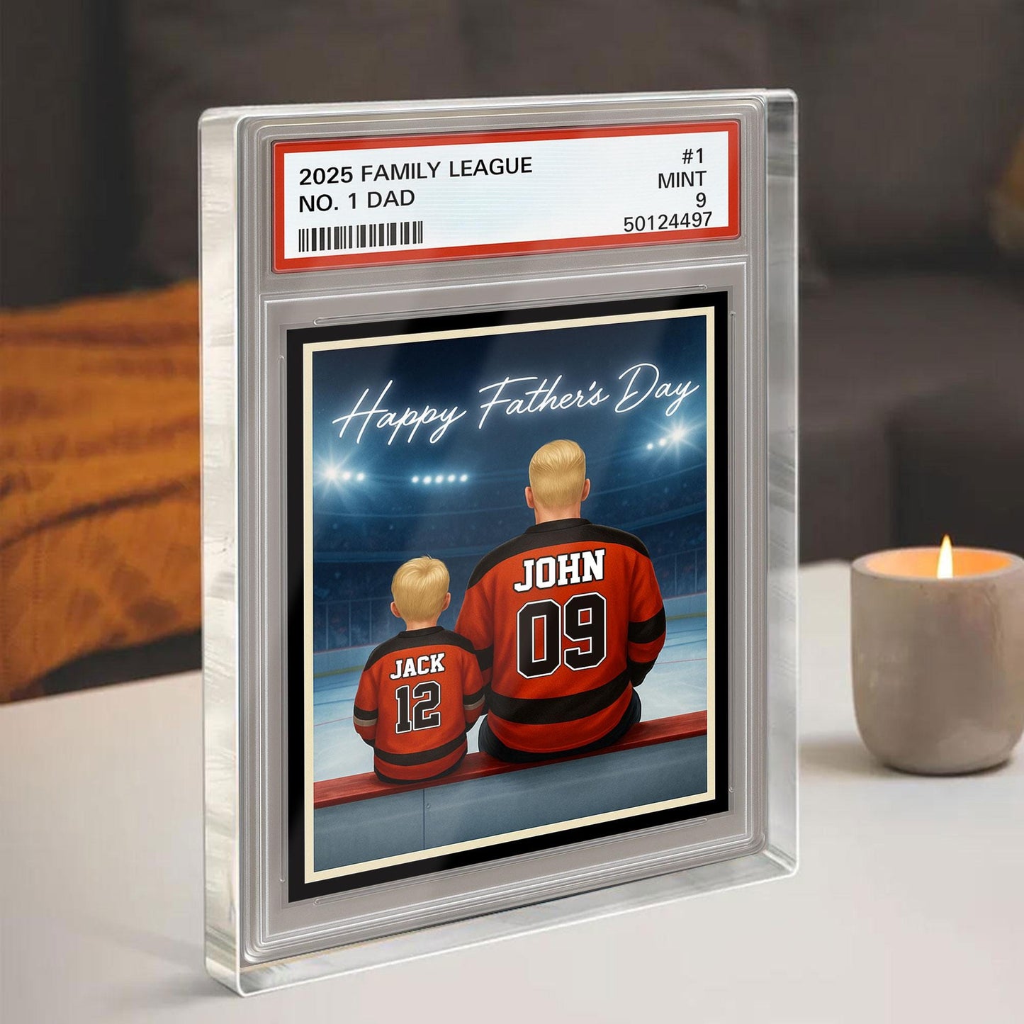Hockey Daddy's Dream Team, Custom No.1 Dad Man & Kids Trading Card Style Plaque, Father's Day Gift, Personalized Player Dad Acrylic Block