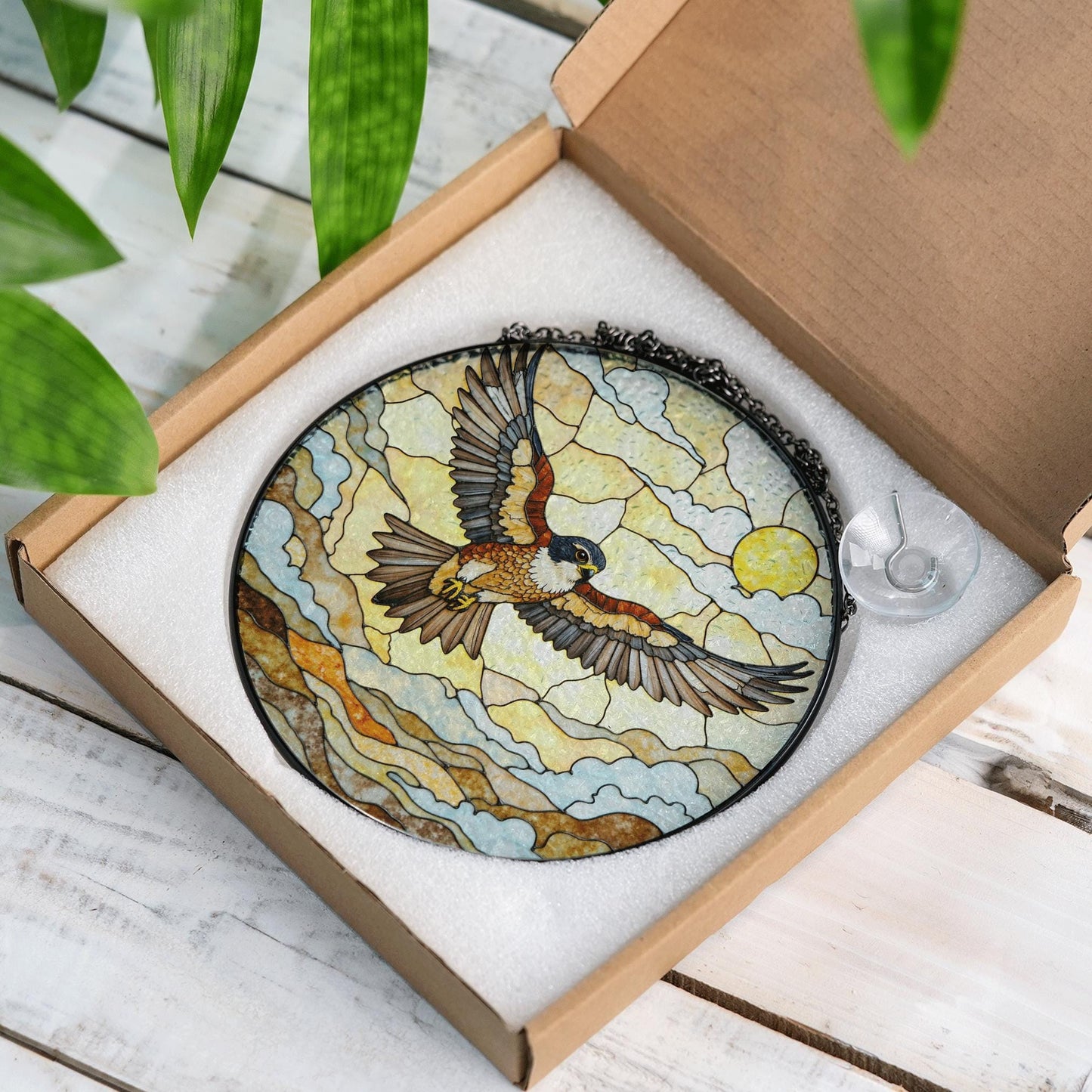 Flying hawk under sun stained glass bird suncatcher gift for dad