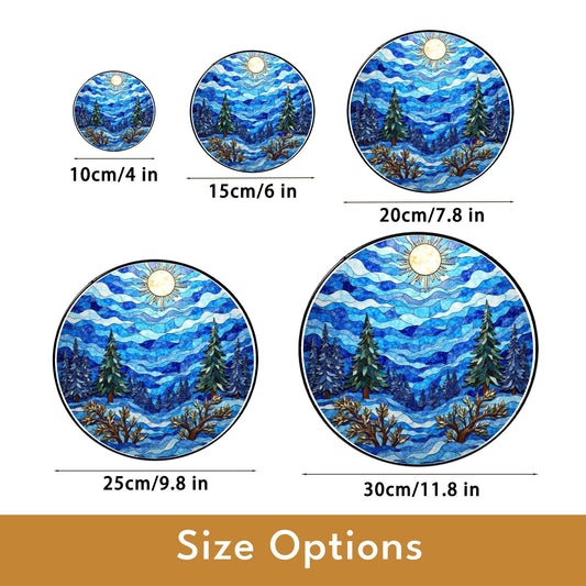 Mountain forest sun design suncatcher stained glass window art gift for nature lover