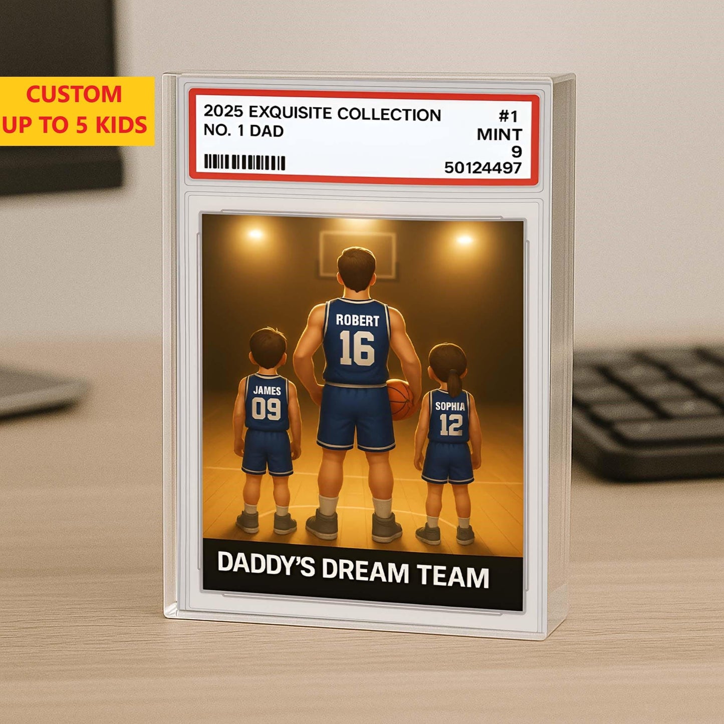No. 1 Dad & Kids Basketball Trading Card Style, Custom Acrylic Block Plaque, Father's Day Gift, Custom Figure Family Acrylic Block
