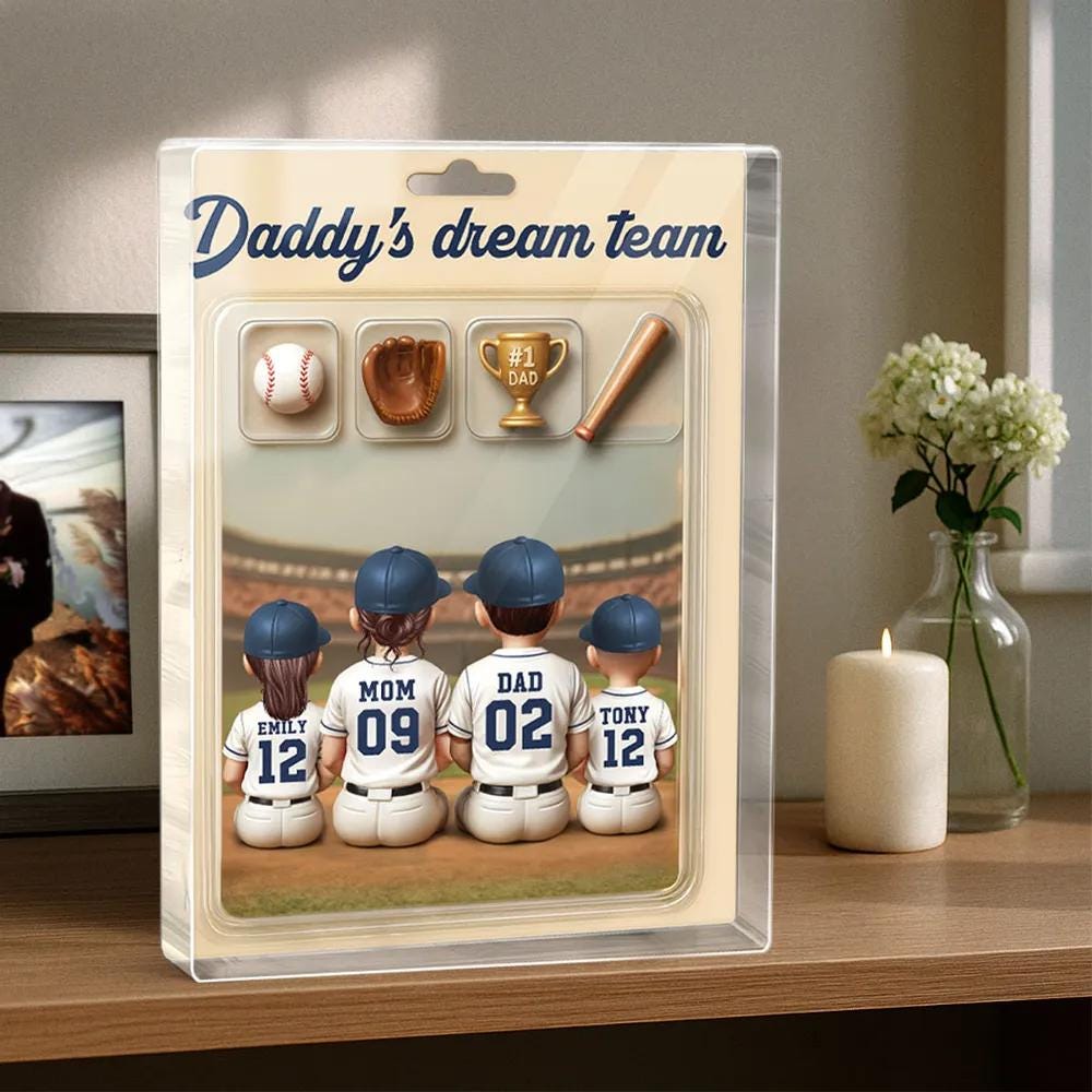 3D Effect Custom Figure Baseball Family Daddy's Dream Team Personalized Rectangle Acrylic Block Plaque, Gift for Fathers day, Baseball Lover