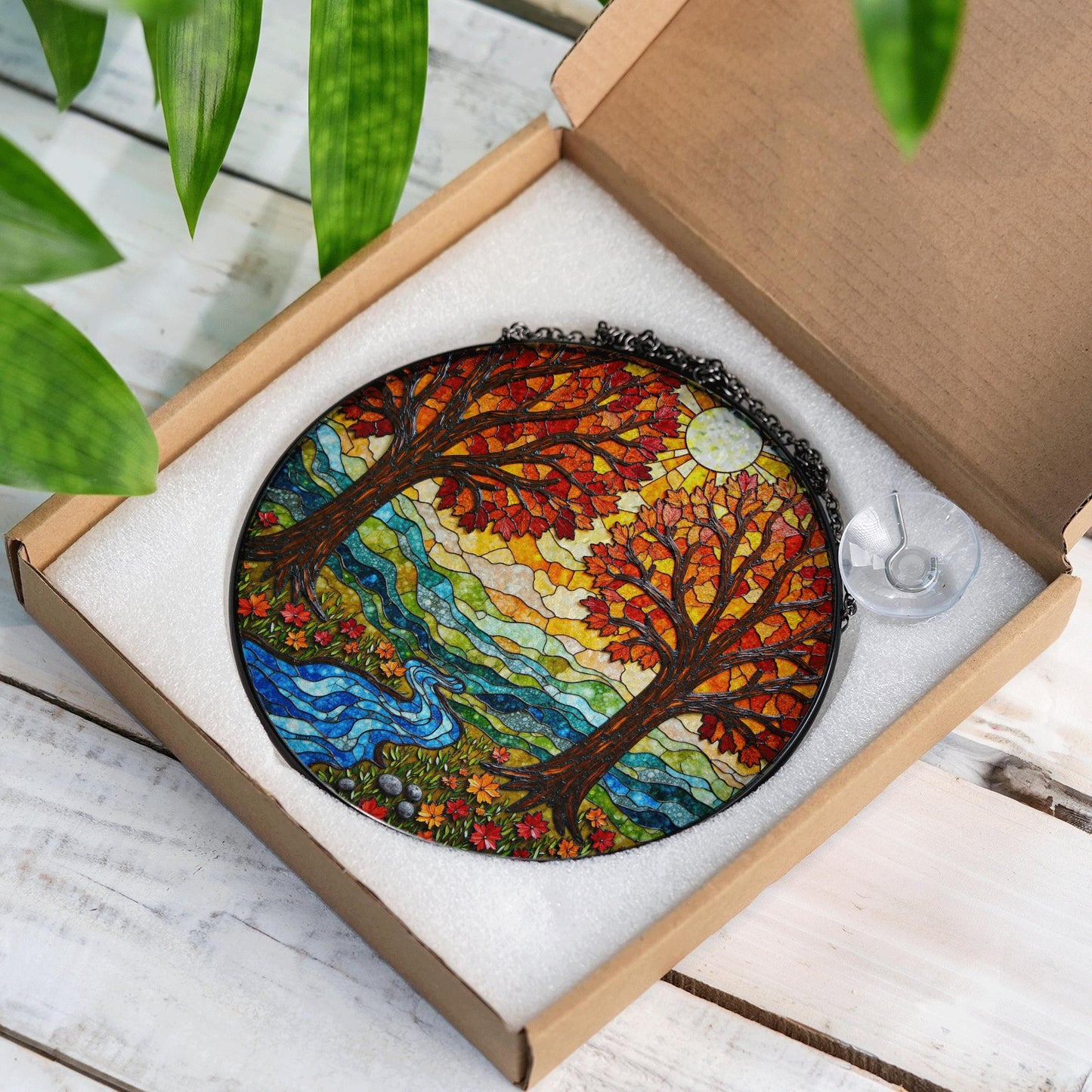 Autumn Trees River Flow Stained Glass Round Suncatcher Gift for Nature Lovers Home Decor