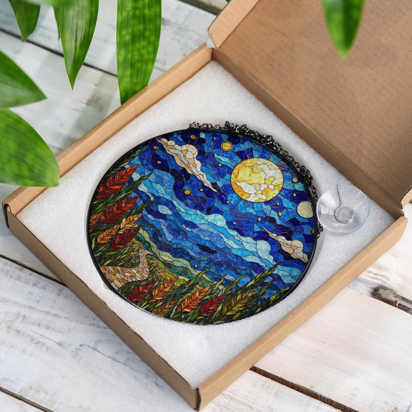 Moonlit Pathway Night Sky Stained Glass Suncatcher Window Hanging Gift for Nature Lovers