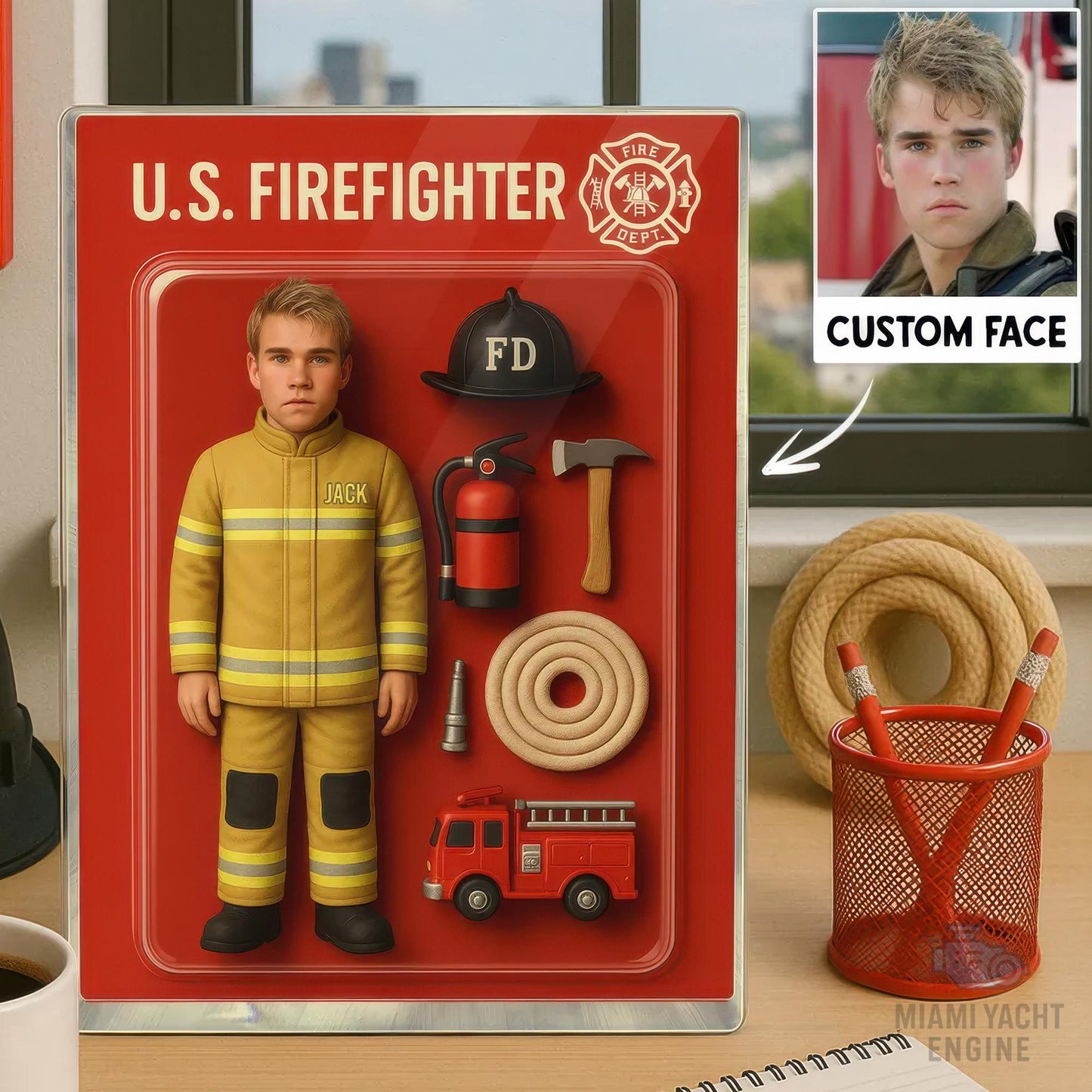 Custom Firefighter Acrylic Block Gift with Face and Name, Personalized 3D Figurine Decor, Unique Fireman Appreciation or Graduation Gift