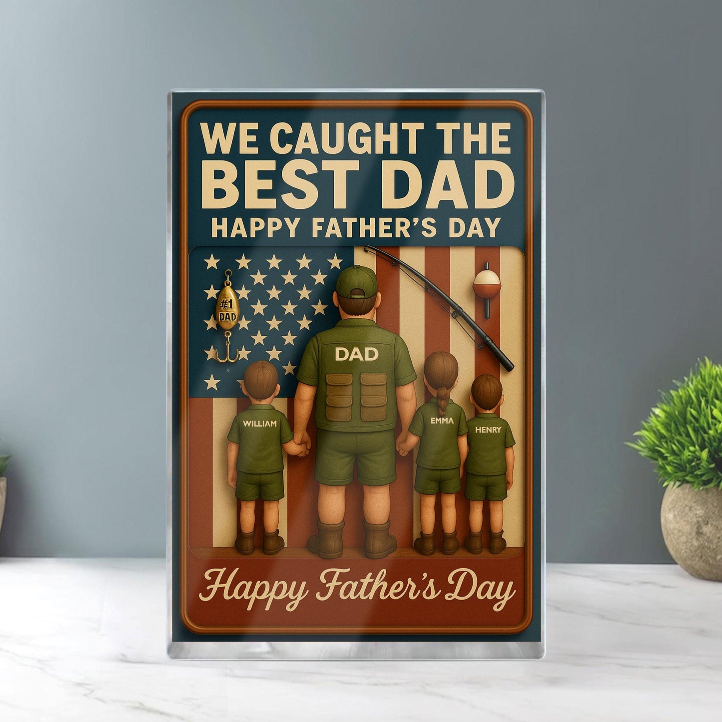 I Caught The Best Dad, Fishing Action Figure Personalized Acrylic Block Plaque, Father's Day Gift for Dad, Custom Kids Name Decor For Dad