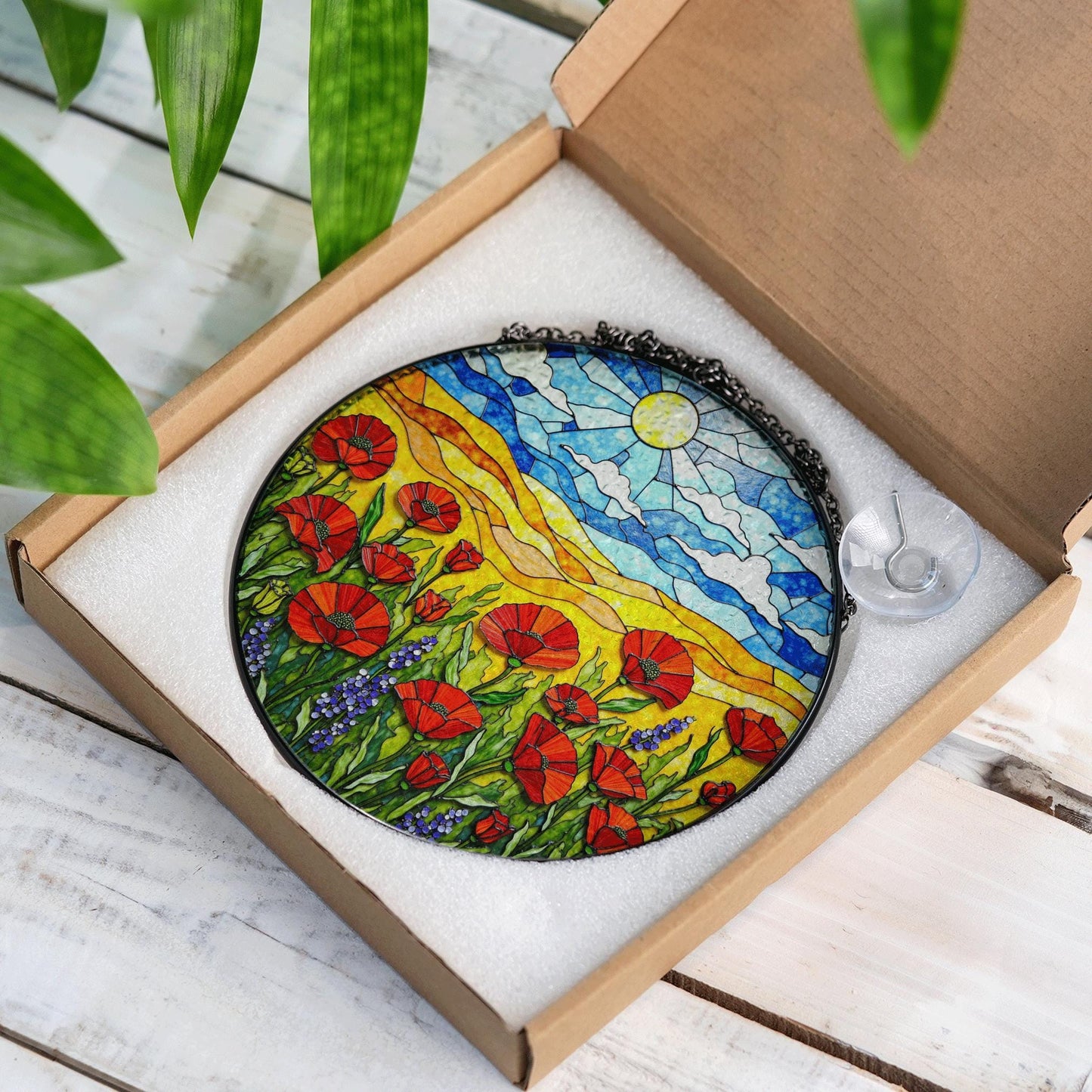 Vibrant wildflower meadow sun catcher stained glass window decor gift for nature lover friend