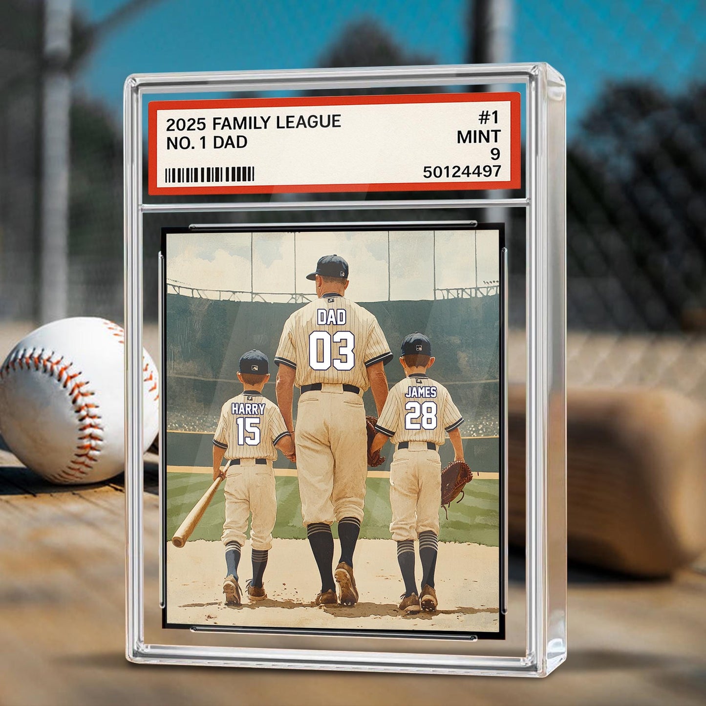 Personalized Baseball No. 1 Dad Man And Kids Trading Card Style Acrylic Block, Father's Day Gift For Baseball Dad, Custom Dad Acrylic Plaque
