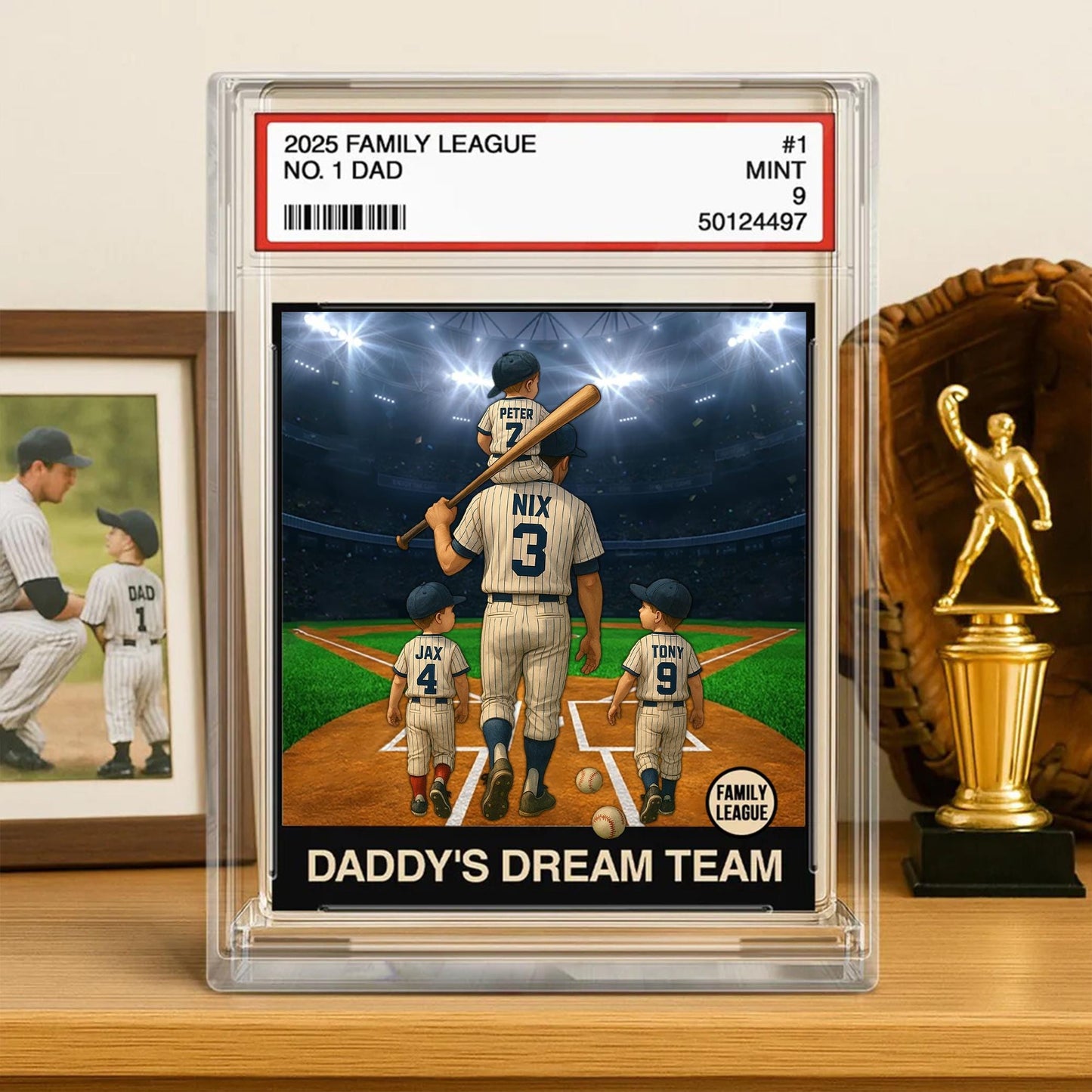 Custom Baseball No. 1 Dad Man & Kids Trading Card Style Custom Figure Personalized Acrylic Block Plaque, Fathers Day Gifts for Husband, Dad