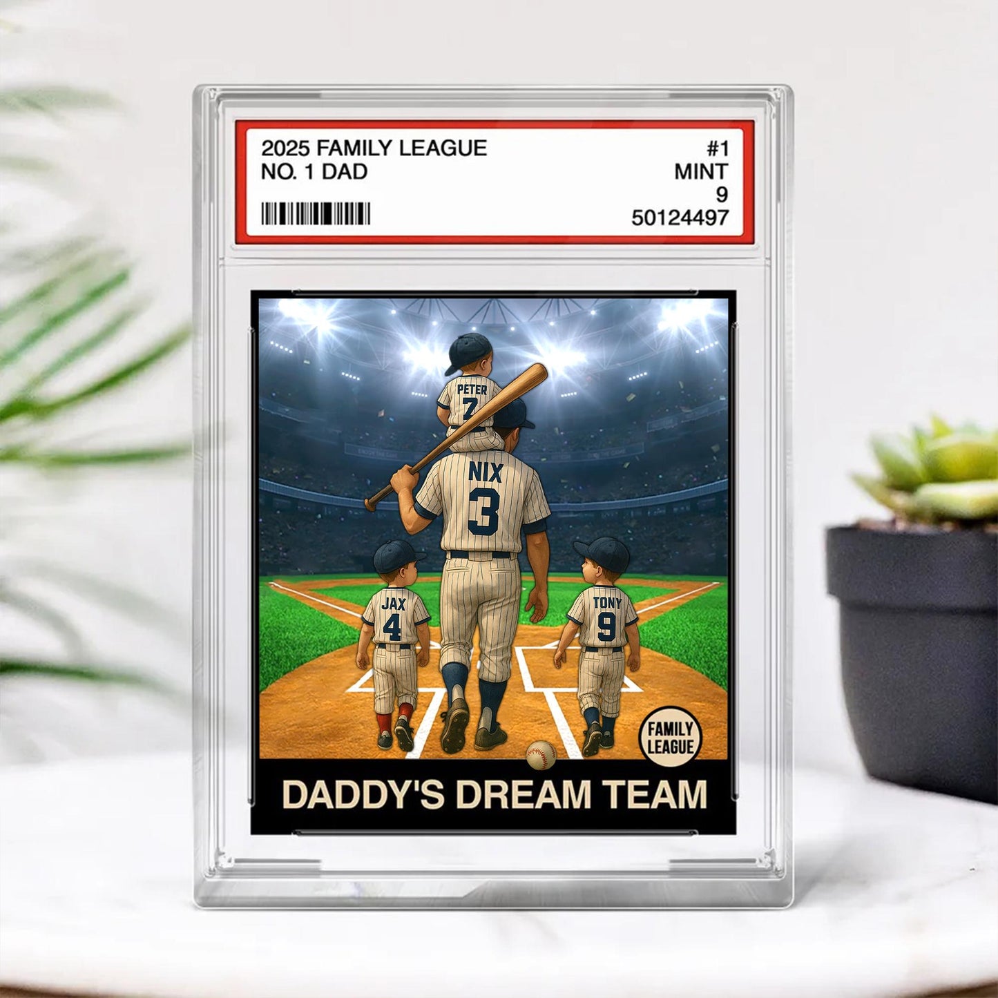 Custom Baseball No. 1 Dad Man & Kids Trading Card Style Custom Figure Personalized Acrylic Block Plaque, Fathers Day Gifts for Husband, Dad