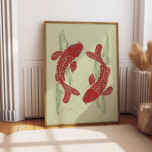 Vintage Red Koi Fish Print, Japanese Woodblock Print, Japan Edo Style Drawing, Fish Decor, Vibrant Colour Wall Decor, Boho Wall Art