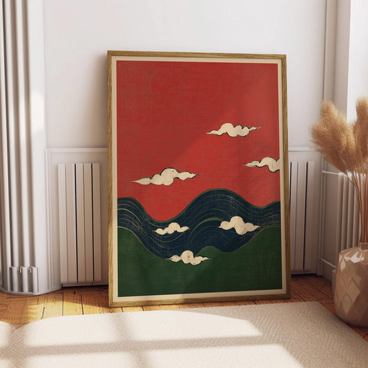 Vintage Abstract Waves and Clouds Japanese Woodblock Print Japan Edo Style Drawing Decor Vibrant Colour Minimalist Boho Wall Art